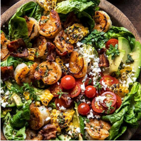 Honey Garlic Shrimp with Avocado, Corn & Bacon Salad